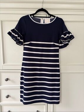 Sail to Sable Navy and White Striped Ruffle-Sleeve Mini Dress